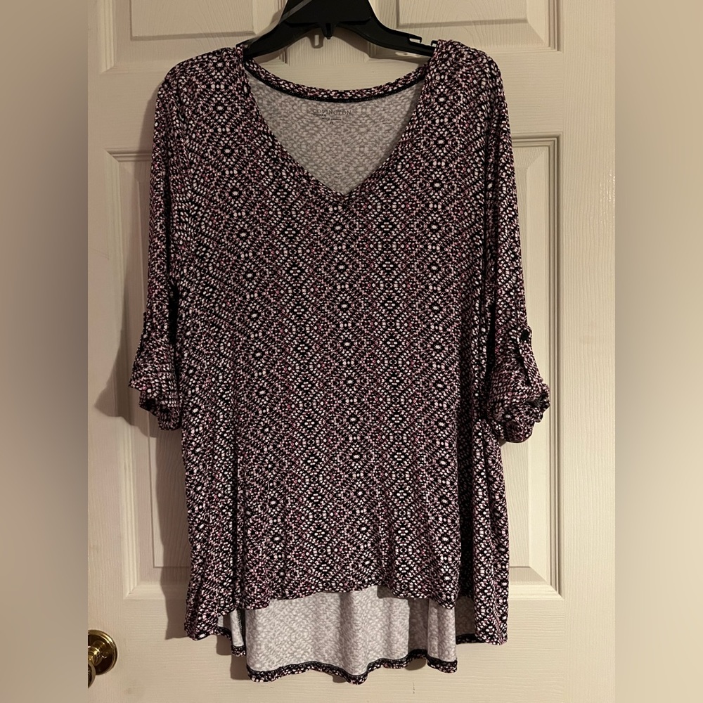Covington Woman blouse, top, high low tunic, size 2X, pink, black print